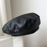 Bonnyshow Vintage PU Leather Beret Hat Women Autumn Winter Warm Octagonal Cap Elegant Solid Color Female Lady Painters Caps