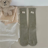 Bonnyshow Korean Cotton Ruffles Middle Tube Socks for Women Solid Color Label Pile up Socks Japanese Lolita Girl Accessories New year gift