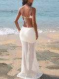 Bonnyshow  Chic Halter Sequined Knitted Patchwork Maxi Dresses Elegant Backless Lace Up Hip Package Long Dress 2025 Summer Lady Beach Robes