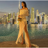 Bonnyshow  Sexy See Through Lace Women Dress Party Long Flare Sleeve Slash Neck Split Female Dresses 2025 Spring Summer Club Lady Robe