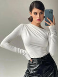 Bonnyshow Long Sleeve Top White T-Shirts Women Basic Crop Top Autumn Pollover Solid Skew Neck T Shirt Streetwear Basic Black Y2K Tees