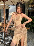 Bonnyshow  2 Piece Set Women Summer Lace-Up Low-Neck Multi-Layered Lace Collarmini Tops+Tassel Skirt Multilayer Irregular Hem Suit