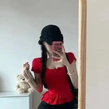 Bonnyshow  Two-Piece Suit Polka-Dot Flounce Sling Sweet Square Collar Slim Tops New Design French Style T-Shirts Women