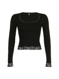 Bonnyshow Lace Trim Square Collar Slim Long Sleeve Tee Black Solid Simple Basic Spring Autumn T Shirt Women Y2K Streetwear Tops