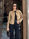 Bonnyshow Vintage Short Women's Jackets Coat Flip Collar Suede Casual Jacket with Pocket Woman Long Sleeved Slim Fit Jacket Outerwears