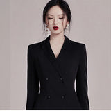 Bonnyshow New Black lace Solid V-neck Double Breasted Suit Coat Dress Jacket Women Office Lady Blazer Women Coats Coat Women Dress