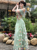 Bonnyshow  French style romantic printed camisole top high waisted three-dimensional flower skirt two-piece set women's spring set