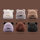 Bonnyshow Cute Bear Plush Beanie Cap Women Winter Warm Thicken Faux Fur Hat Korean Solid Color Cartoon Ears Female Skullcap Bonnet