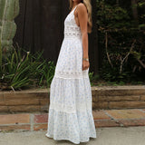 Bonnyshow  Women Lace Patchwork Maxi Dress Backless Boho Floral Long Dress Spaghetti Strap V Neck Low Cut Flowy Sunderss
