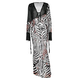 Bonnyshow Zebra Print Beach Dress Women Sexy Chiffon See Through Slim Maxi Party Dresses Summer Fashion Patchwork Holiday Outfits