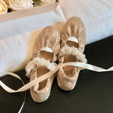 Bonnyshow  Shiny Sequin Ballet Flats Shoes Women Elastic Band Elegant Bling Black Mary Janes Shoes Sping Autumn Party Club Loafers 2025