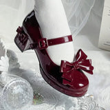Bonnyshow  Sweet Girl Lolita Original High Heels Round Head Thick Heel Bow Elegant Women's Shoes Kawaii Cute Versatile Lace-up Single Shoes