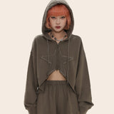 Bonnyshow Autumn outfits Pentagram Patched Zip Up Hoodies Harajuku Vintage Long Sleeve Sweatshirt Y2K Retro Grunge Cropped Coat Women Autumn Streetwear