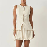 Bonnyshow  Two Pieces Set Women's Vest Skort Suits Sleeveless Button-front Top Ruffled Loose Shorts Summer Office Casual Daily Outfit