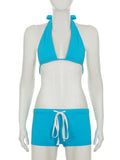 Bonnyshow  Sexy Solid Beach Halter Neck Suit Bodycon Vintage Harajuku Blue Drawstring Elastic Set Slim Vacation Bikini Set