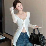 Bonnyshow New Women's T-shirt Autumn Streetwear Fashion Button Long Sleeves Casual Slim T-shirt Sexy Low Chest See Through Female Tees Top