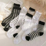 Bonnyshow 5 pairsFashion Kawaii Women Socks Sexy Lace Mesh Fishnet Socks Mixed Transparent Stretch Elasticity Ankle Net Yarn Thin Sox