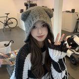 Bonnyshow Cute Bear Plush Hat Women Solid Color Cartoon Ear Protection Cap Winter Autumn Warm Knitted Female Earflap Hats Bonnet