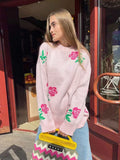 Bonnyshow Women Winter Thick Warm Oversized Knitted Pullover Flower Print Fashion Casual O-neck Sweater Loose Female Knitted Top