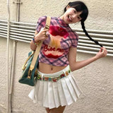 Bonnyshow  Vintage American Half-High Collar Plaid Graphic T-Shirts Short Sleeve Stretch Crop Tops Korean Coquette Cute Tide Summer Women
