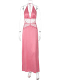 Bonnyshow  Lace Patchwork Vacation Beach Dresses for Women 2025 Summer Sexy Halter Neck Backless Long Maxi Pink Birthday Party Prom Dress