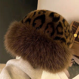 Bonnyshow Vintage Leopard Bucket Hat for Women Warm Fluffy Fur Fisherman Cap Winter Thicken Plush Female Mongolian Hats Christmas Gifts