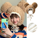 Bonnyshow Cute Big Ear Bear Plush Hat Women Winter Thicken Lamb Cashmere Earmuffs Cap Female Lady Solid Color Cartoon Fluffy Bomber Hats