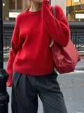 Bonnyshow  Solid Color Simple Pullover Sweater Women Autumn New Round Neck Long Sleeve Jumper Female Fashion Casual Vintage Loose Sweaters