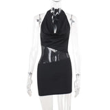 Bonnyshow  Female Backless Vestidoes Summer Sexy Halter Sleeveless Bodycon Party Dresses Elegant Bright Silk Patchwork Mini Dress for Women