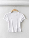 Bonnyshow Summer Sexy Women O-neck Short-sleeve T-shirt Slim Elastic Skinny Crop Tops