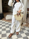 Bonnyshow  Embroidery Hollow Women 's Pant Suit Laple Single Breasted Full Sleeve Shirts Wide Leg Pants Female 2 Pieces Summer Matching Set