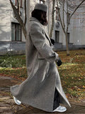 Bonnyshow Fashion Grey Long Women's Coat Turndown Collar Double Breasted Long Sleeve Coats Fashion Vintage Winter Windproof Women Jacket