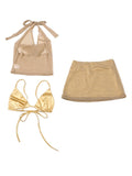 Bonnyshow  Sexy  Sequined Skirt 2 Pieces Set Women Solid Halter Lace Up Crop Tops Min Zippers Dropped Skirts 2025 Summer Party Suit Lady
