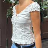 Bonnyshow  Preppy Button Down Blouse Tops Y2k Vintage Cap Sleeve Women T-shirt 00s Fairy Frill V Neck Crop Tops Milkmaid Vest