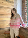 Bonnyshow  Pink Long Sleeve T-shirt Women Summer Thin Section Hollow Ice Silk Knit Sunscreen Coverall Korean Loose Tops Rainbow Stripes