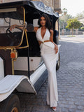 Bonnyshow  Fashion Halter Women's Maxi Dresses Solid Hollow Out Deep V-Neck Sheath Bodycon Sleeves Elegant Party Backless Vestidos