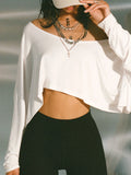 Bonnyshow  Casual Off Shoulder Skew Collar Women's Top Solid Basic 90s Y2k Chic Knitted Crop Shirt Fashion Streetwear Tees