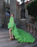 Bonnyshow Neon Green Layered Tulle High Low Evening Dresses With Ruffles Trimmed Details See Thru Full Sleeves Long Formal Party Dress