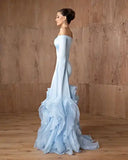 Bonnyshow Elegant Light Blue Mermaid Evening Dresses With Volume Ruched Organza Bottim Boat Neckline Long Sleeves Prom Gowns