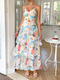 Bonnyshow  Summer Casual Vacation Style Suspender Dress Bohemian Print Cake Dresses Sleeveless Beach Long Dress Women's Vestidos