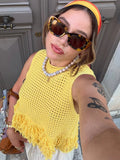 Bonnyshow  Trendy Yellow Fringe Patchwork Woman Vest Top Boho Chic Sleeveless Summer Knit Streetwear 2025 Fashion Hollow Out Casual Blouse