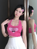 Bonnyshow  Cropped Small Sling With Neck Hanging Tank Tops For Girls Sexy Sleeveless Halter Basic Tees Spaghetti Strap Cute Summer Backless
