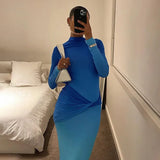 Bonnyshow Autumn Winter Maxi Dress Women Fashion Blue Gradient Long Sleeve Slim Dress Elegant Turtleneck Evening Party Dresses