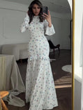 Bonnyshow  Ruffle Printed Long Sleeve Long Dress Women's Elegant Contrast Color Slim Fit Lace Waist Casual Summer Fashion Long Dress