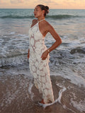 Bonnyshow  Retro Knitted Hollow Halter Beach Dress Lady Sexy Backless Sleeveless Lace Up Slim White Long Dresses Female Summer Chic Holiday