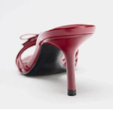 Bonnyshow  Wine Red High Heels Sandals for Women Square Toe Bowtie Decor Summer Outdoor Slippers Thin Heeled Party Wedding Shoes