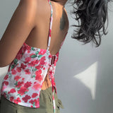 Bonnyshow  Floral Print Backless Tie Up Camis Y2k Fairy Aesthetic Crop Tops Women Coquette V Neck Tank Top Women Trendy Vest