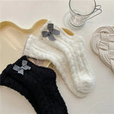 Bonnyshow Warm Coral Velvet Socks for Women Kawaii Flower Bows Mid Tube Sock Lady Thicken Warm Plush Sleep Home Floor Socks