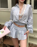 Bonnyshow  Loose Casual Blouse Stripe Shirts Mini Skirt 2 Pieces Sets Women Suit Spring Summer High Waist Short Skirt Set