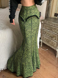 Bonnyshow Forest Green Print Aesthetic Vacation Long Skirts Womens Vintage Lace Trim Mermaid Skirt